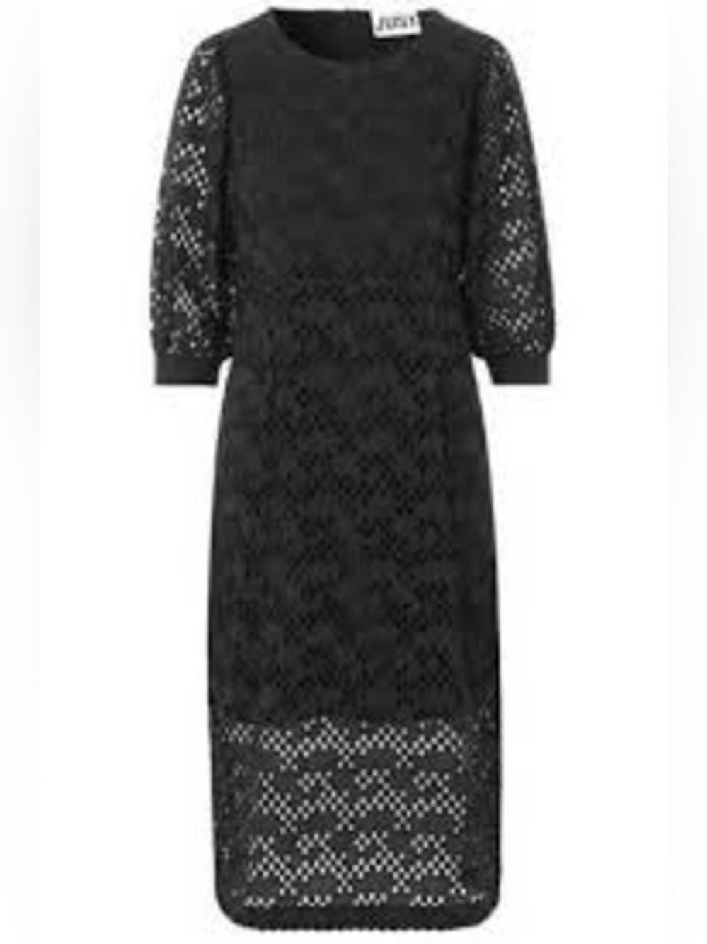 JUST Female Black Eyelet Lace Midi Dress Puff Sleeve Scandinavian Size 8